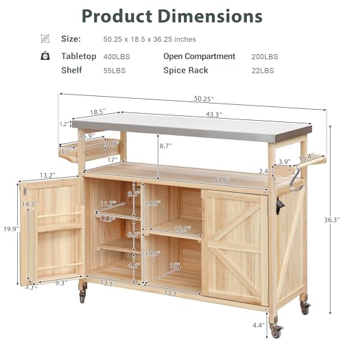 53.5''Farmhouse Kitchen Island with Power Outlet, Kitchen Storage Island with Drop Leaf, Spice Rack and Drawer, Rolling Kitchen Cart on Wheels