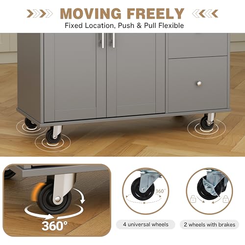 Shintenchi Rolling Kitchen Island Cart with Folding Drop Leaf Breakfast Bar, Portable Trolley Island with Large Storage Cabinet, Shelf and Drawer