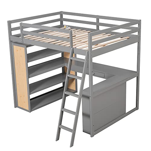 Twin Loft Bed with Staircase, Desk and Wardrobe, Wood Loft Bed with Storage Shelves and Safety Guardrail