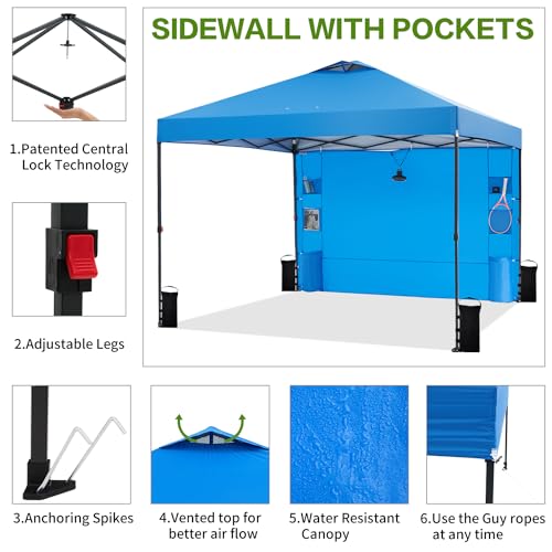 10'x10' Pop Up Canopy Tent with 1 Sidewall and 6 Pockets, One Push Setup, Instant Shade Tent with Vented Roof for Beach Patio Outdoor, Case, 8 Stakes