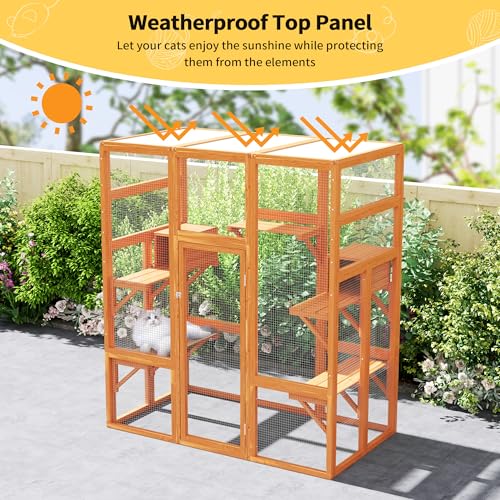 71Inches Large Wood Catio Outdoor Cat Enclosure with Perches and Condos, Cat House Indoor with Waterproof Roof