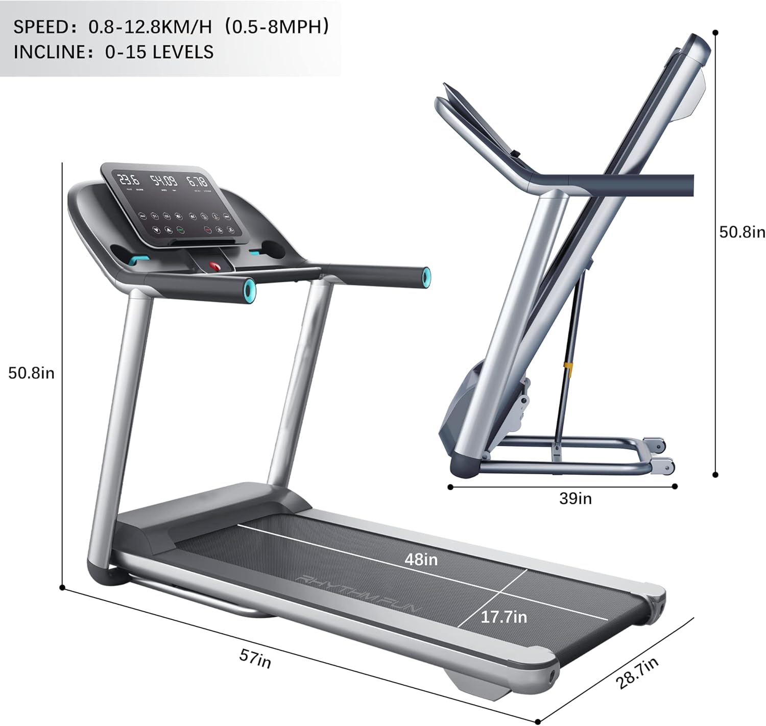 RHYTHM FUN Treadmill Folding Treadmill with Incline 3.5HP Electric Motorized Treadmill Super Shock-Absorbing Quiet Foldable Treadmill with Speaker