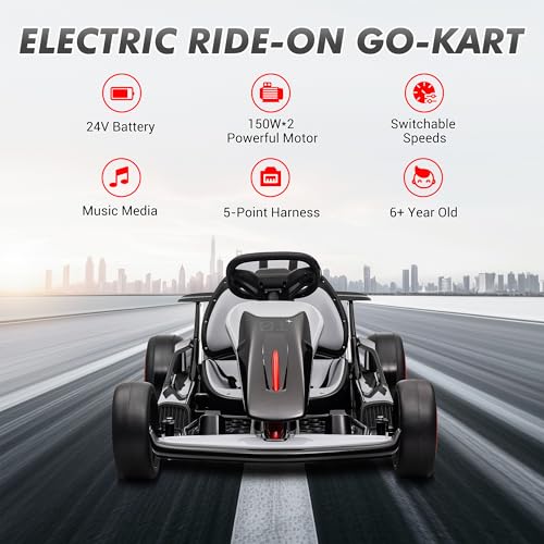24V Electric Go Kart, Drifting Car Battery Powered Ride on Car with Powerful Motor for Kids 6-12 Years Old, Kids Go Kart with Slow Start, Music