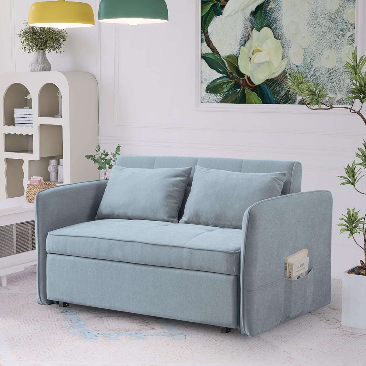 53.5in 3 in 1 Multi-Function Chenille Fabric Double Sofa Bed Post-Modern Minimalist with Pull-Out Bed with Adjustable Backrest/Lumbar Pillow/Side