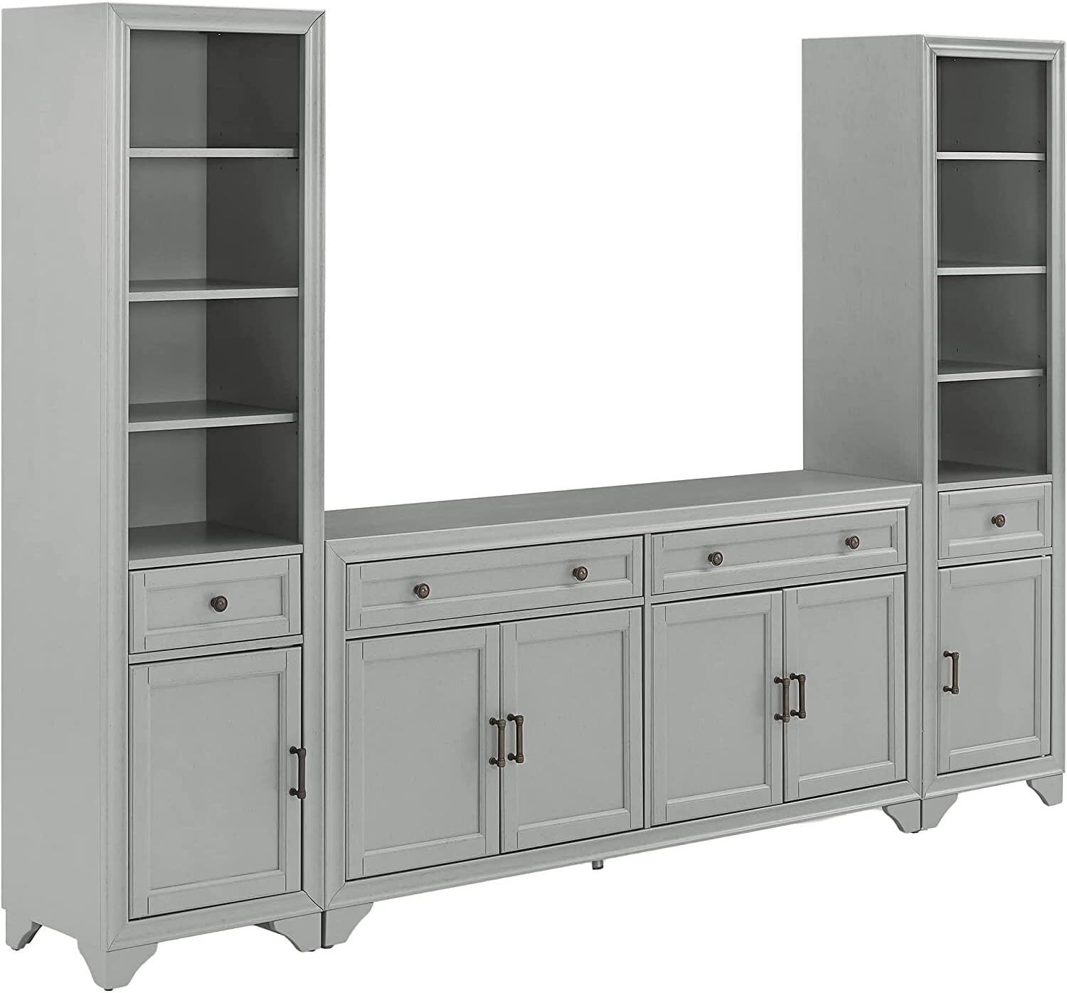 Victorian Vintage 3 Piece Sideboard and Bookcase Set Distressed Gray - Sideboard & 2 Bookcases, Adjustable, Removable, Floor Mountable