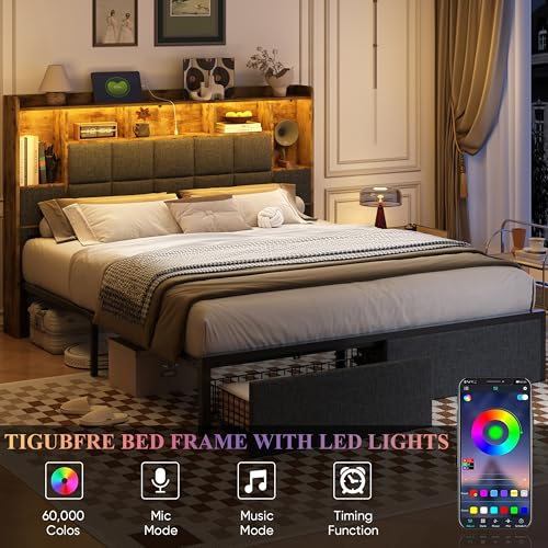 LED Bed Frame Full Size with Bookshelf Headboard, 2 Hidden Storage Drawers, Upholstered Platform Metal Bed Frame with Charging Station
