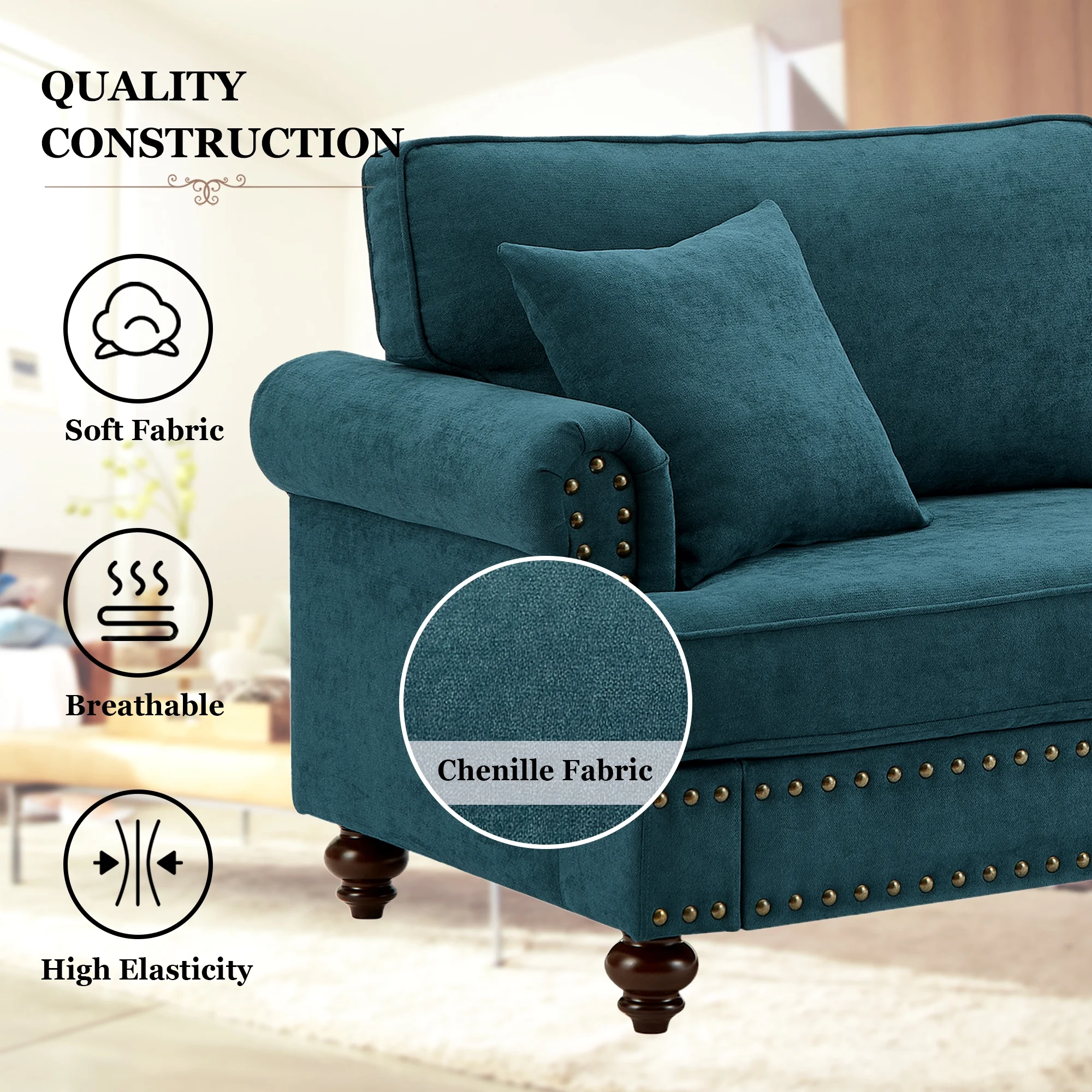 Muumblus 2 Pieces Chenille Living Room Sets with Nailhead, 2 Seater Loveseat Sofa and 3 Seater Sofa Couch, Lake Green