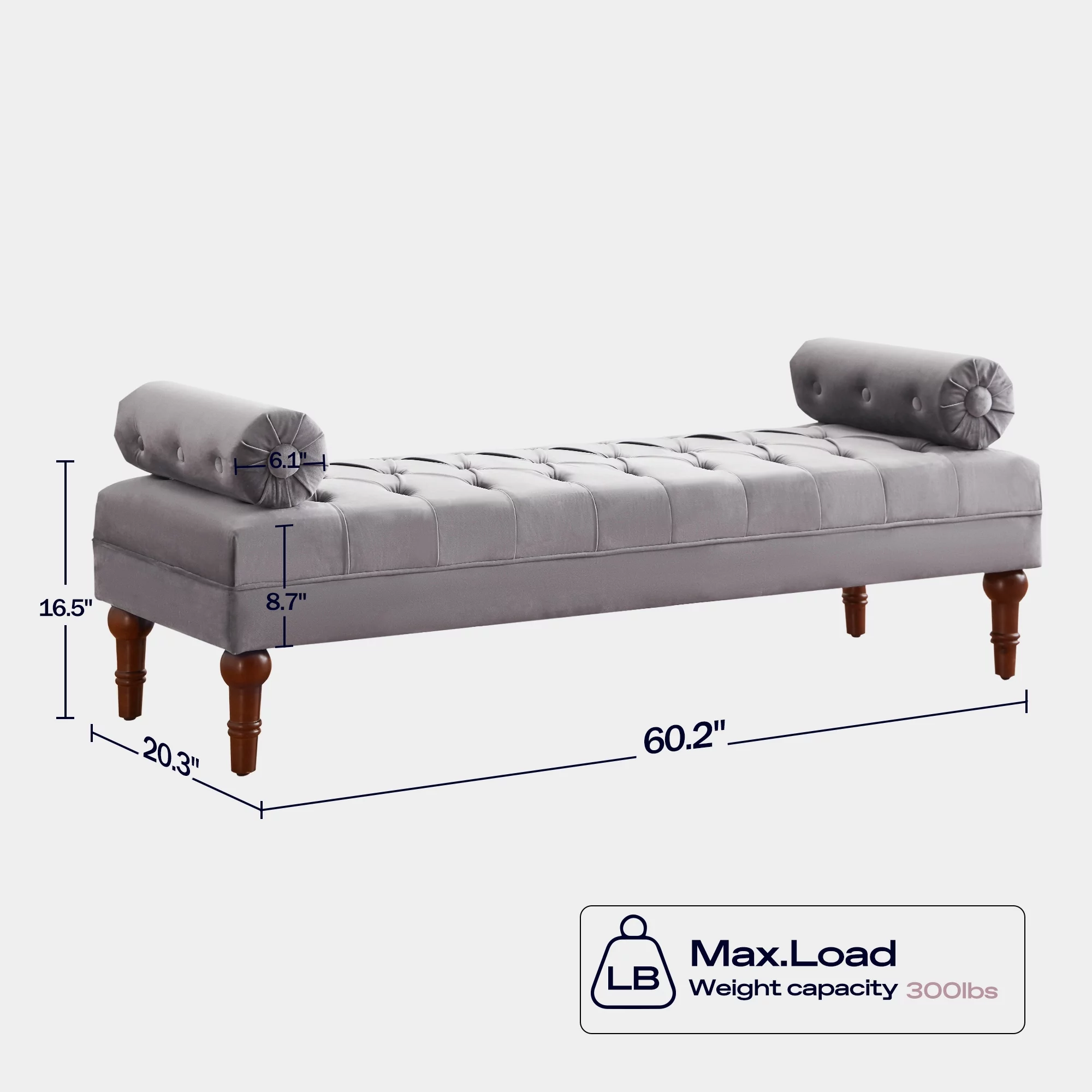 HUIMO 60.2 Inch End of Bed Bench with 2 Pillows Rolled Armed Ottoman Bench, Button Tufted Upholstered Bench Footrest Stool for Entryway