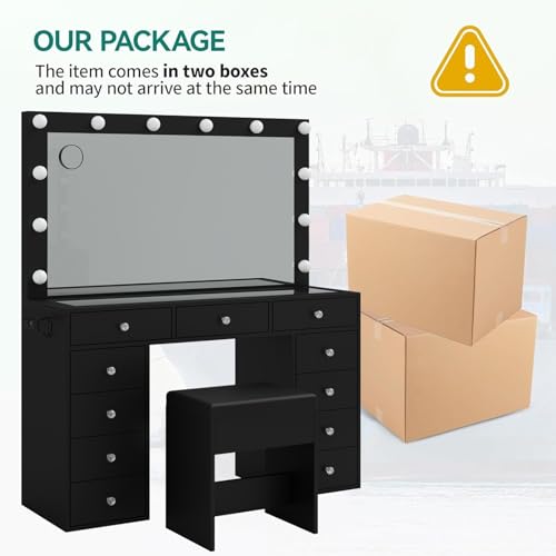 Vanity Desk & Power Outl, Makeup Vanity with Mirror and 12 LED Lights, Makeup Table with 11 Drawers, Vanity Table with Chair