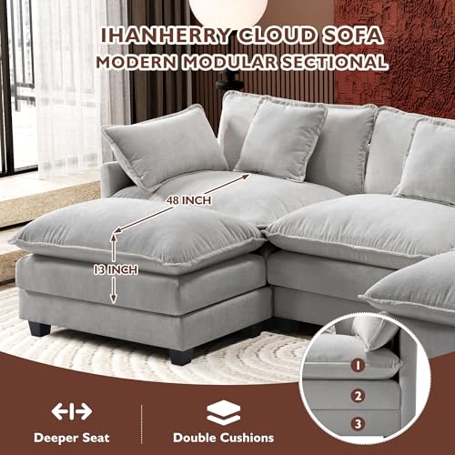 Ihanherry 111.4" U Shaped Modern Cloud Sofa Modular Sectional Couch with 2 Ottoman, 5-Seat Chenille Deep Seat Sofa with Pillow for Living Room