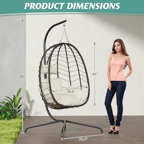 Hanging Egg Chair with Stand, Swinging Egg Chair Outdoor Indoor, Hanging Basket Chair with Cushion