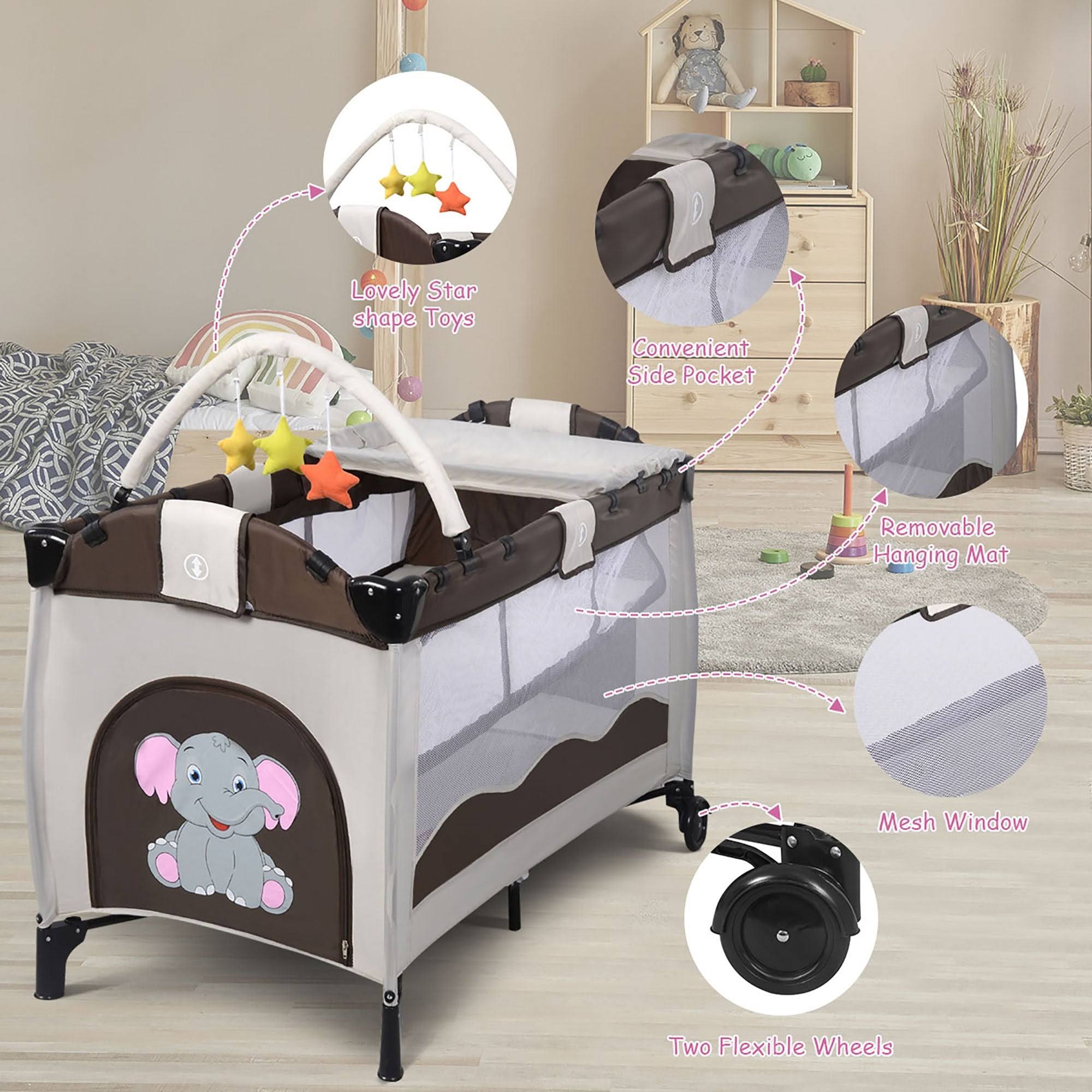 Portable Baby Playard Travel Bassinet Bed with Hanging Toys - Green