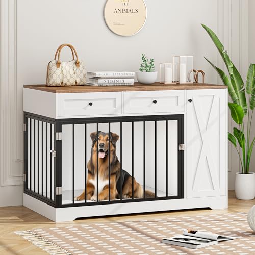 Dog Crate Furniture Kennel with Double Doors Wooden Pet House with 2 Drawers and Storage Cabinet
