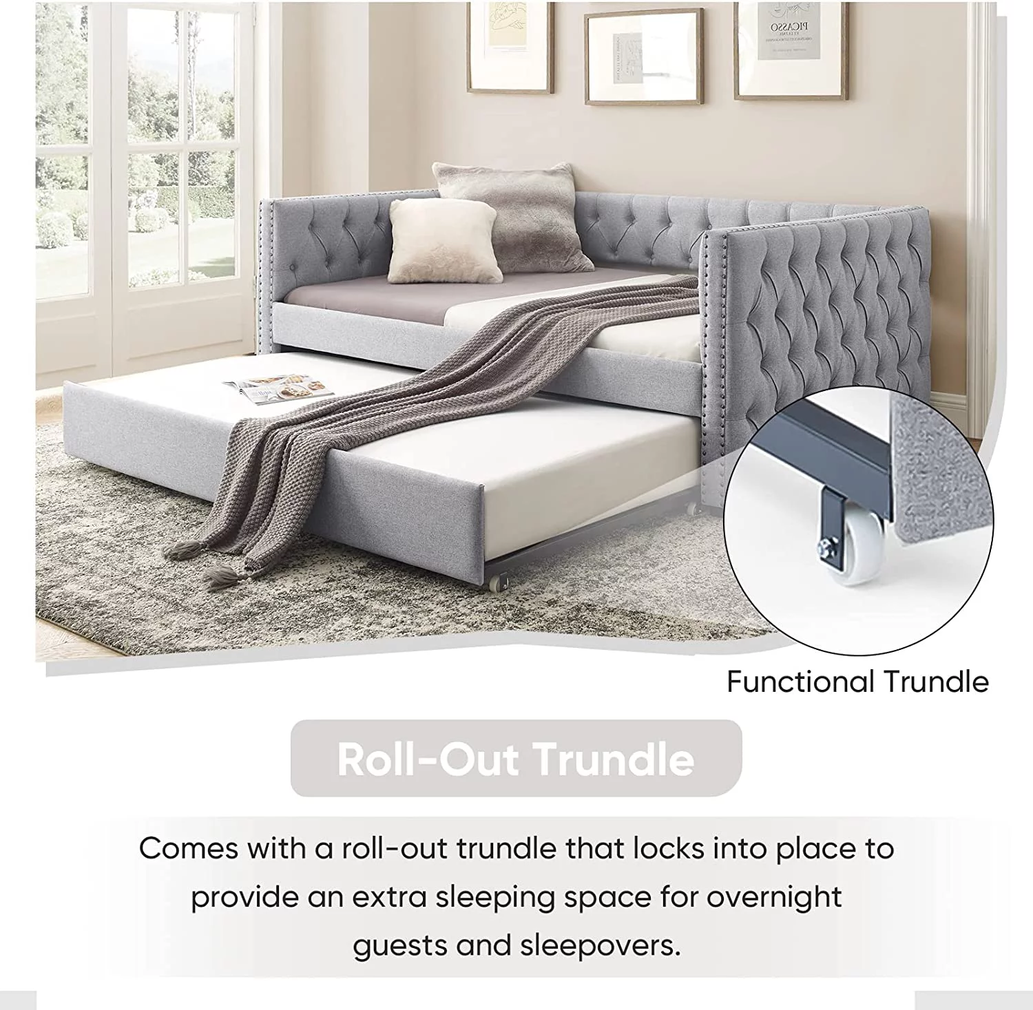 Daybed with Trundle, Muumblus Modren Kids Pull Out Sofa Bed for Bedroom & Living Room, Twin Size Frame, Light Grey Upgraded Linen Upholstered