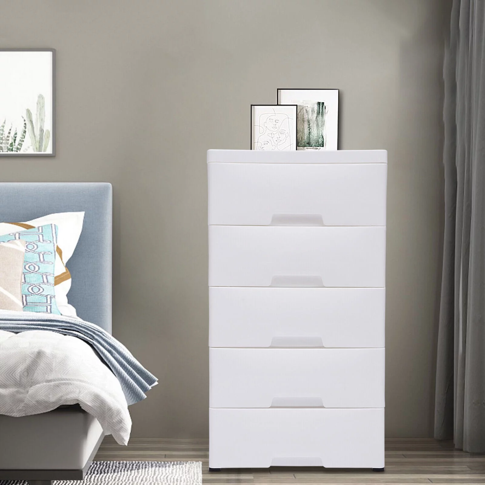 5 Drawers Dresser Chest Drawers Plastic Clothes Storage Bedroom Furniture White