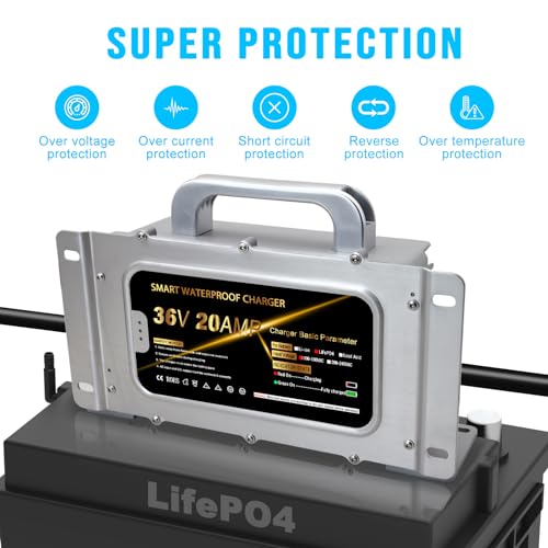 43.8V 20A Lithium Onboard Battery Charger for 36V (38.4V) 12S LiFePO4 Battery, IP67 Waterproof Smart Charger for Golf Cart RV Truck Boat Home