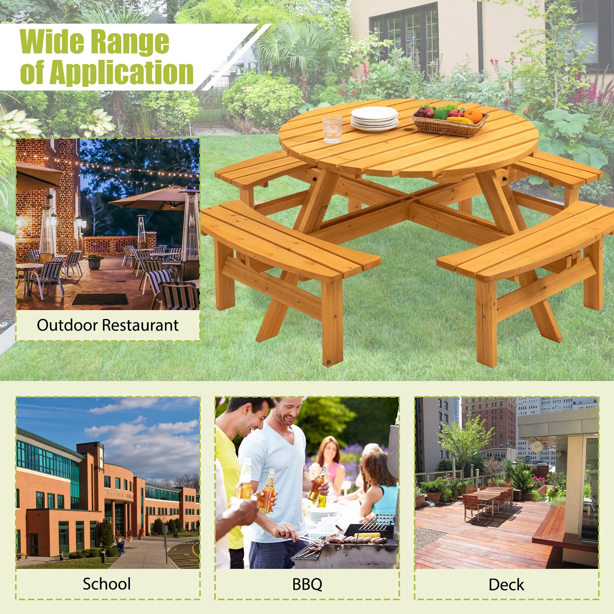 Outdoor 8-Person Circular Wooden Picnic Table w/ 4 Built-in Benches 2220lb Capacity for Garden, Patio, Backyard - Natural