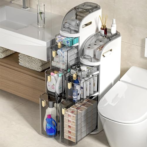 Storage Cabinet 3/4/5 Tier Bathroom Floor Storage Cabinet Narrow Tall Slim Bathroom Storage Tower with Clear Drawers Side Storage Organizer Cabinet