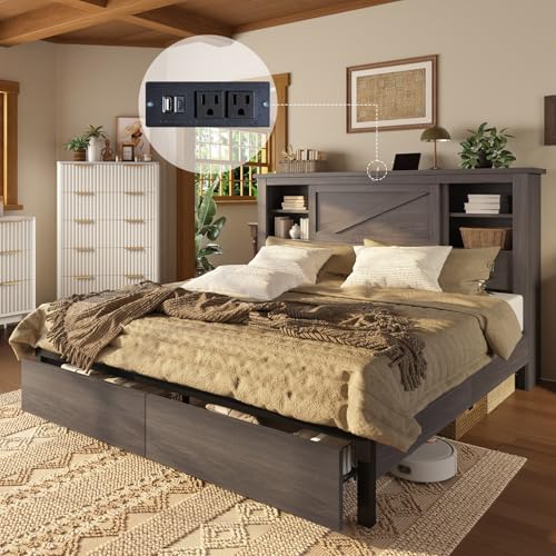 AMERLIFE 47.2" H King Bed Frame with Hidden Space Bookcase Headboard and Charging Station, Beds with 2 Storage Drawers and Wood Slats