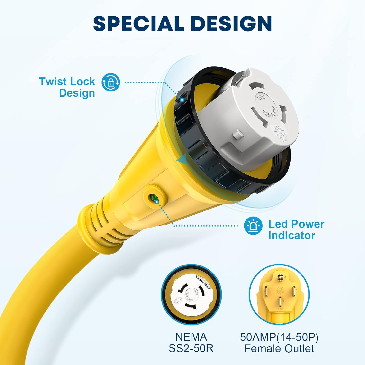 Kohree 50 Amp RV Power Extension Cord 25FT with Grid Handle Heavy Duty, 50M/50F 90 Degree RV Locking Adapter, LED Indicator & 30M/50F Power Adapter