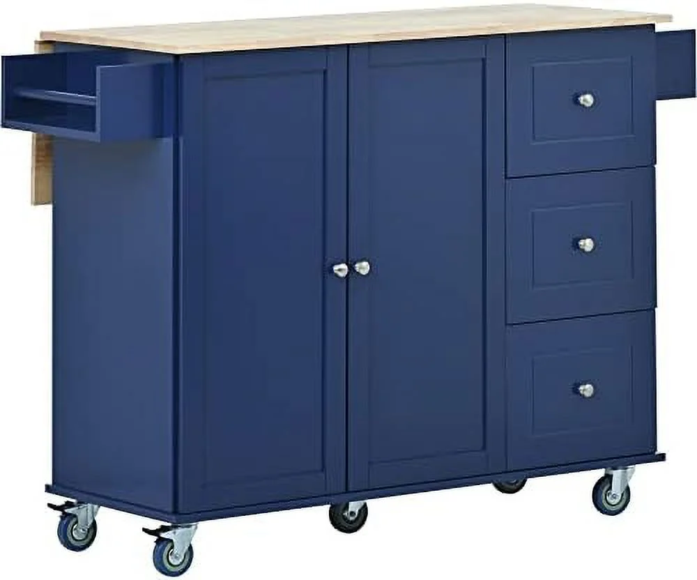 JYHOME Rolling Kitchen Island Cart with Folding Drop Leaf and  Cabinets  Kitchen Cart on Wheels with Spice Rack  Towel Rack and 3 Drawers  Dark Blue
