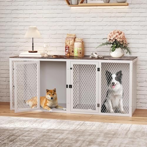 71 Inch Dog Crate Furniture for 2 Dogs, XXL Double Cage with Removable Divider & Large Doors, Heavy Duty Wooden Dog Kennel, Indoor Pet House (Black
