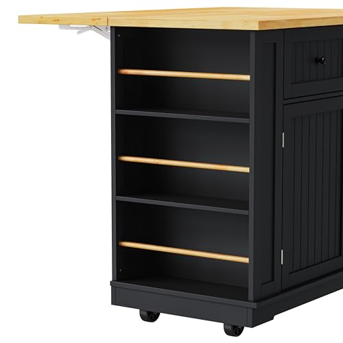 Ball & Cast 48" Large Kitchen Island with Power Outlet,Rolling Kitchen Cart on 5 Wheels W/Drop Leaf and 5 Open Side Racks