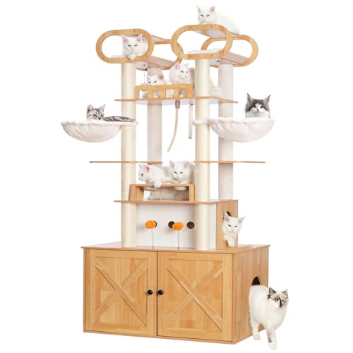 Heybly Cat Tree with Litter Box Enclosure, 76.8-inch Wooden mainecoons Cat Tower with Food Station,Extra Large Platforms