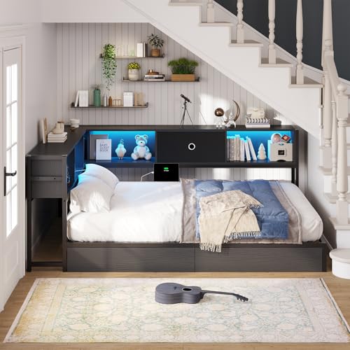 Hasuit Corner Bed Frame with Storage Bookcase, Twin Daybed with Storage Drawers Underneath, Kids Bed Unit with Charging Station and LED Light