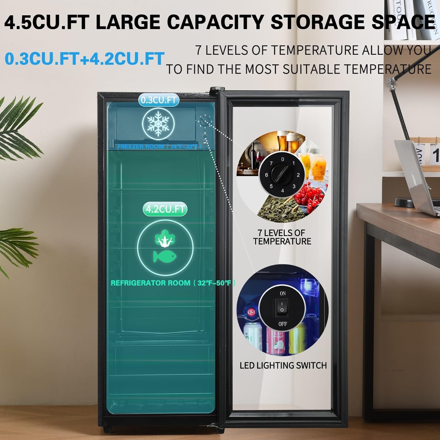 4.5 Cu.Ft Beverage Refrigerator - Mini Fridge with Freezer, Holds 160 Cans, Glass Door, Drink/Wine/Beer Cooler for Office, Bar, Bedroom