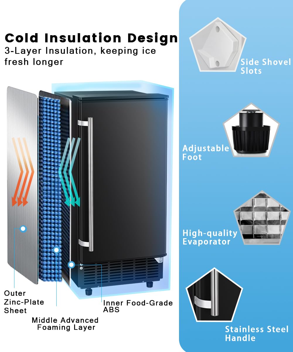Joy Pebble Commercial Cube Ice Maker，Built-in Ice Maker Machine, 80lbs/Day, 40 ice Cubes/Cycle, Reversible Door, Drain Pump