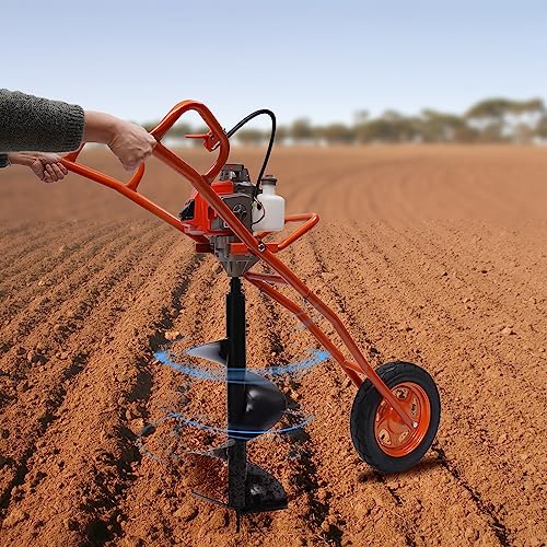 63CC Post Hole Digger 2-Stroke Gas Powered Earth Auger 3HP Gasoline Hand Push Hole Digger Auger Digging Drill Power for Fence Ground Drill Garden
