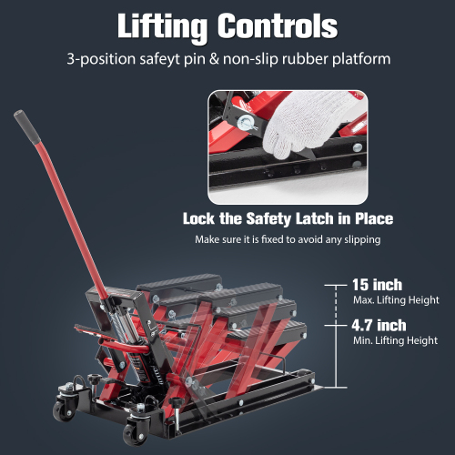 Hydraulic Motorcycle Lift Jack, 1500 LBS Capacity Foot-Operated Motorcycle Lift Table, ATV Scissor Lift Jack with 4.5" - 15" Lifting Range