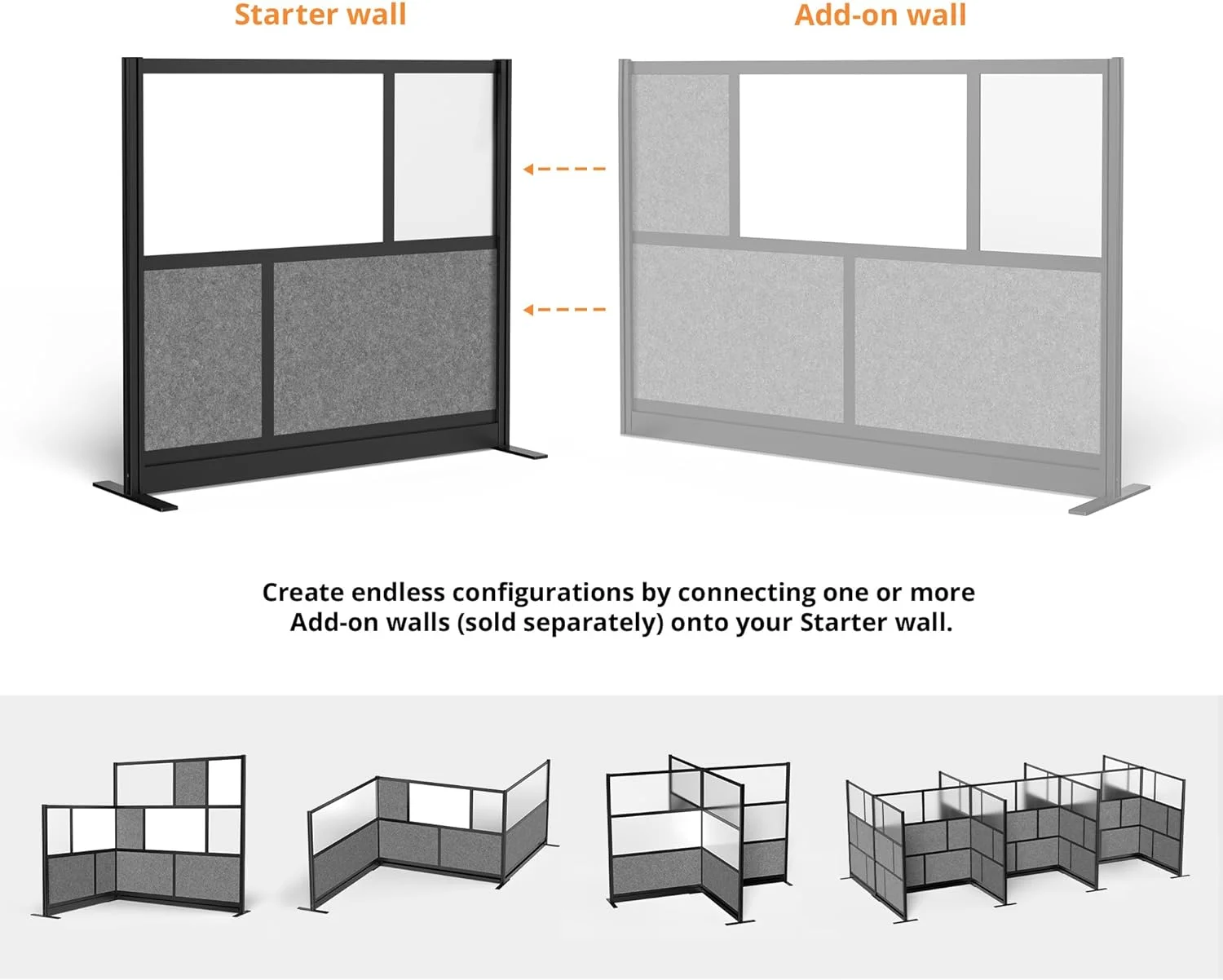 Stand Up Desk Store Modular Wall | 53in x 48in Starter Wall | Expandable Partition Room Divider with Rearrangeable Whiteboard, Frosted Acrylic