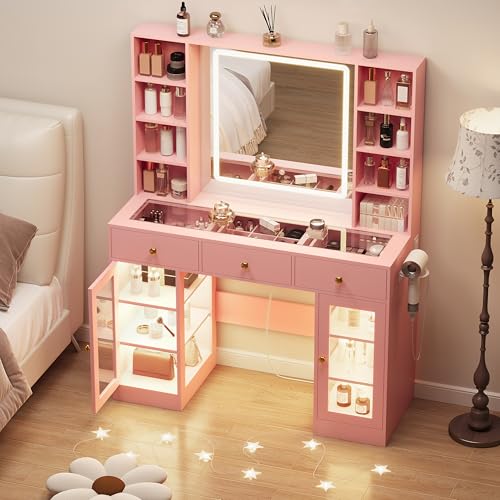 White Vanity Desk with Mirror and Lights, Glass Top Vanity with Lighted Mirror & RGB Glass Cabinet and 3 Drawers