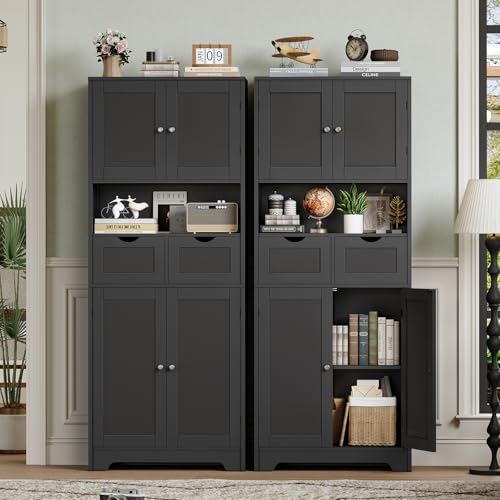 57.8“H Tall Bathroom Cabinet, Storage Cabinet with 2 Drawers & 2 Adjustable Shelves, Bathroom Storage Cabinet with 4 Doors