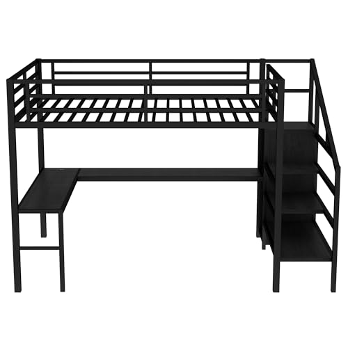 SOFTSEA Queen Size Loft Bed with LED Lights & USB Ports, Heavy Duty Metal Loft Bed with L Shaped Desk & Storage Stairs