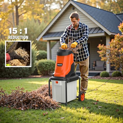 MAXLANDER 15-Amp Electric Wood Chipper, Shredder Mulcher with 50L Collecting Bin, 1.8-Inch Cutting Diameter for Mulching