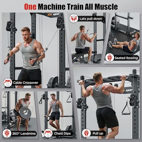 Sportsroyals Power Cage,1600lbs Multi-Function Power Rack with Adjustable Cable Crossover System and More Training Attachment