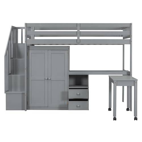 Harper & Bright Designs Twin Size Loft Bed with Stairs and Bookshelf, Wood Twin Storage Bed with Desk & Wardrobe