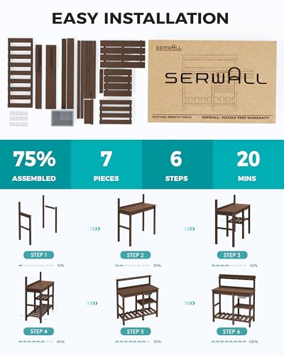 SERWALL Potting Bench Outdoor Potting Table with Sink, HDPE Potting Benches for Outside Gardening Table All Weather Use- Black