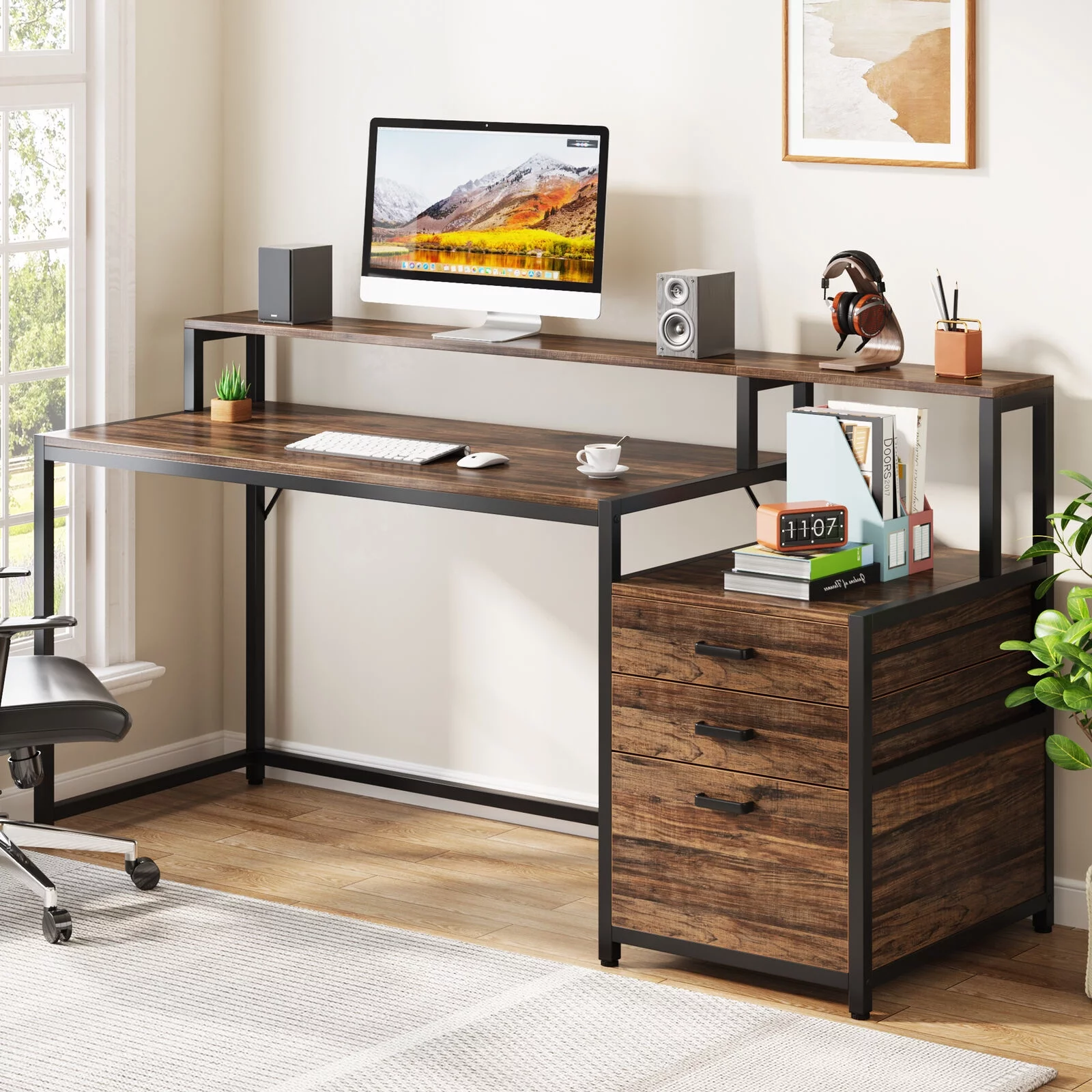 Tribesigns 63" Ergonomic Computer Desk with Monitor Stand and Drawers, Working Desk with Storage for Home Office, Rustic Brown