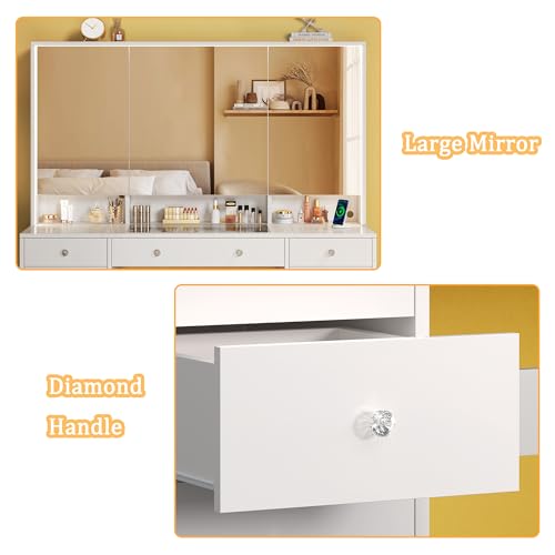 Vanity Desk with Mirror and Lights, 50" Makeup Vanity with Glass Top & Power Outlet, White Vanity with 11 Drawers & 8 Hidden Storage Shelves