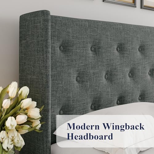 Allewie Full Size Lift Up Storage Bed, Modern Wingback Headboard, Hydraulic Support, No Box Spring Needed, Light Beige