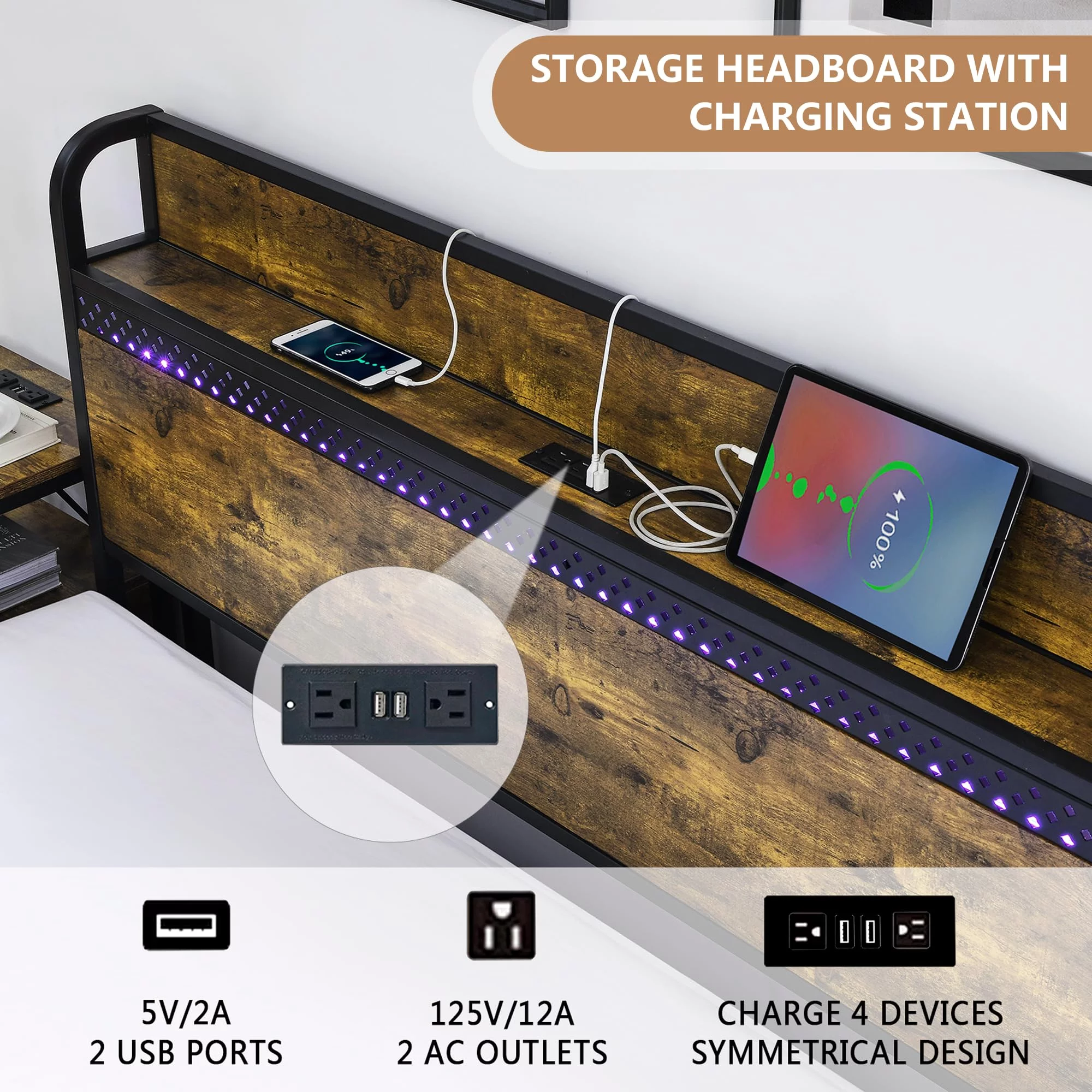 King Size Bed Frame with 4 Storage Drawers, LED Bed Frame with Charging Station, Metal Platform Bed King with Headboard & LED Lights