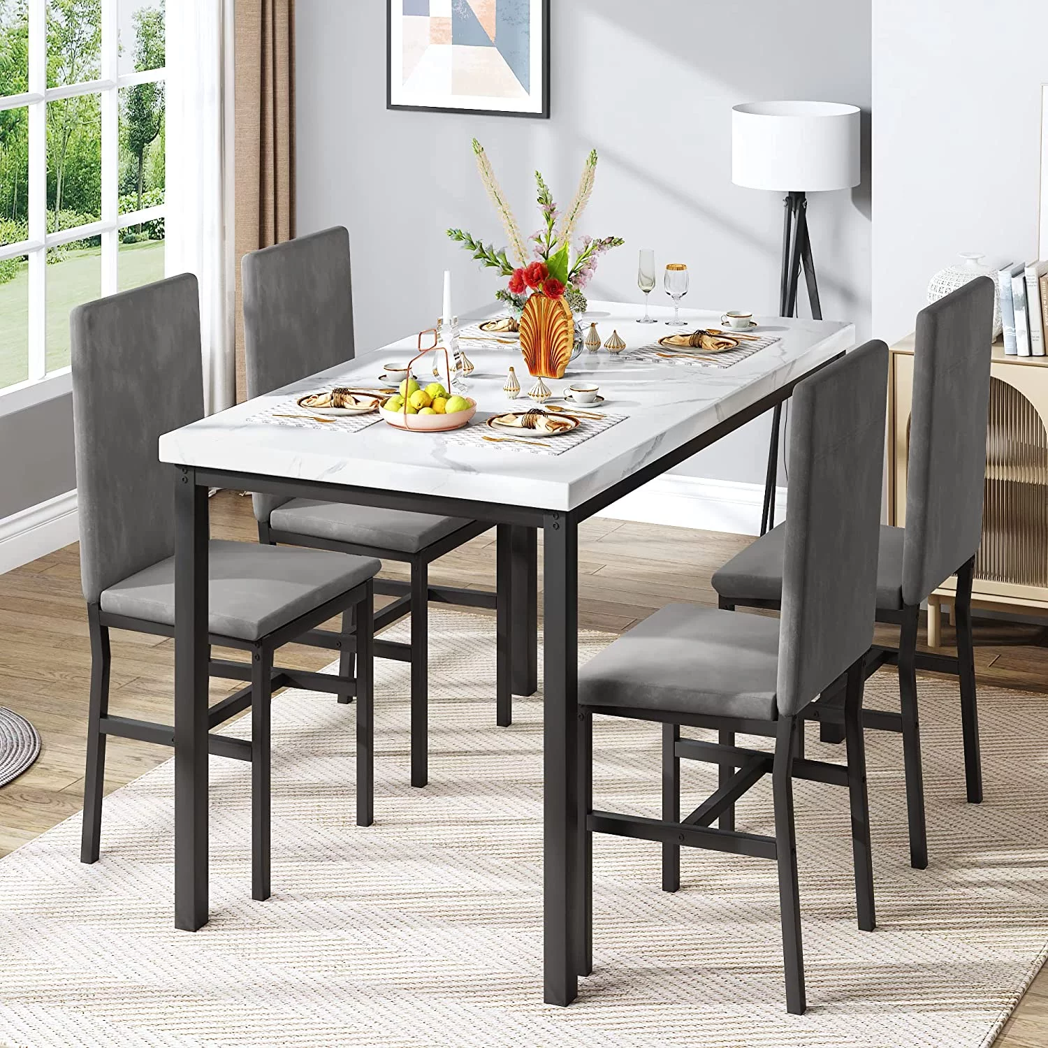 Modern Dining Table Set for 4, Faux Marble Table and Velvet Fabric Upholstered Chairs Set, 5 Piece Kitchen Dining Set