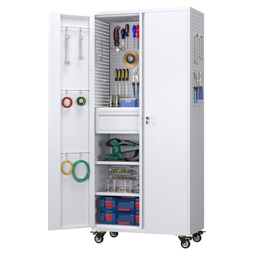 Aobabo 71" H×32" W×16" D Metal Storage Cabinet with Wheels, Garage Steel Storage Cabinet with 5 Adjustable Shelves and 4 Hooks for Home Office