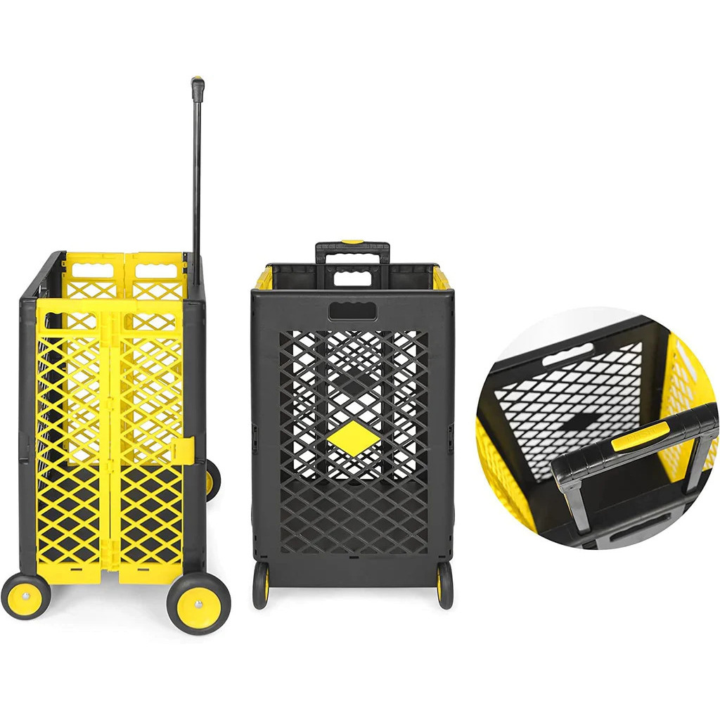 Foldable Rolling Cart with Wheels Portable Updated Utility Tools Rolling Crate with Telescopic Handle Yellow