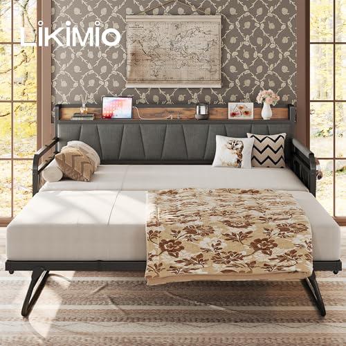 LIKIMIO Daybed with Trundle Bed, Twin Bed Frame with Storage Headboard and Charging Station, Sofa Day Bed with Strong Supports for Living Room