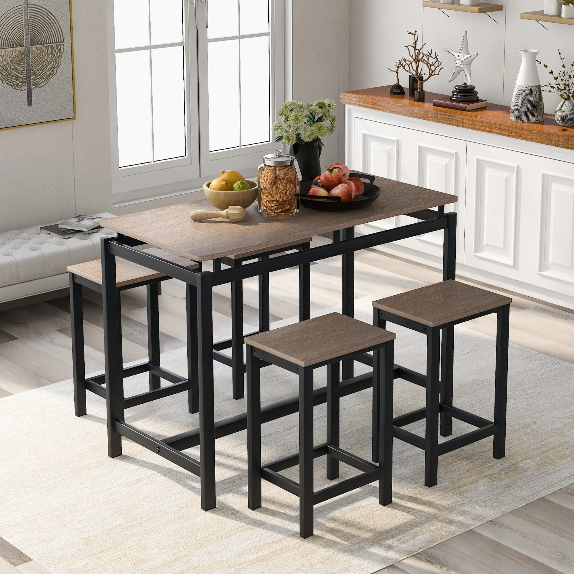 Bar Table and Chairs Set, 5-Piece Dining Table Set Industrial Counter Height Pub Table with 4 Chairs, Kitchen Breakfast Table Dark Brown